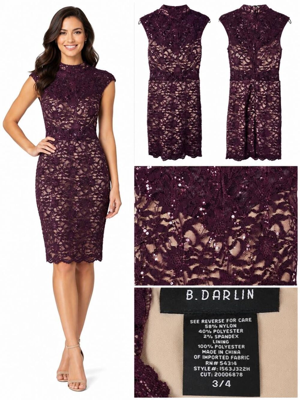 B.Darlin 3/4 Burgundy Lace Sequin Sheath Party Dress